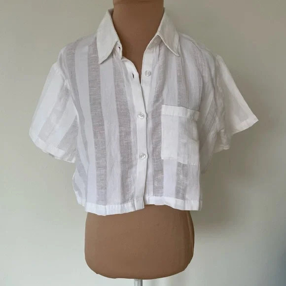 Solid and Striped The Cabana Linen Striped Cropped White Button Up Shirt NWT S - Picture 5 of 9